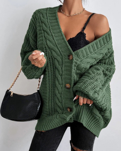 Damen stylischer Zopfstrick-Cardigan | Lang in Grün