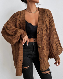 Damen stylischer Zopfstrick-Cardigan | Lang in Braun