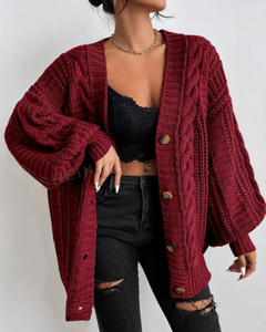 Damen stylischer Zopfstrick-Cardigan | Lang in Burgundisch