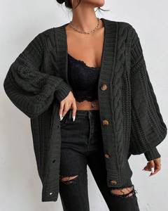 Damen stylischer Zopfstrick-Cardigan | Lang in Schwarz