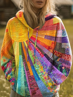 Luisa | Damen Sweater Bunter Patchwork Kapuzenpullover Boho Sonnenmuster in Mehrfarbig