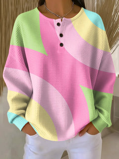 Annika | Damen Sweater Women Waffelstrick Henley Pullover Geometrisches Farbblock Muster in Rosa