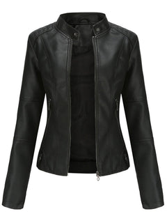 Annika | Damen Taillierte Kunstleder Biker Jacke Reißverschluss in Schwarz