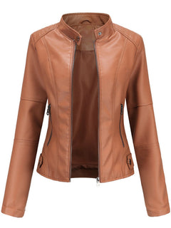 Annika | Damen Taillierte Kunstleder Biker Jacke Reißverschluss in Braun