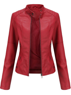 Annika | Damen Taillierte Kunstleder Biker Jacke Reißverschluss in Rot