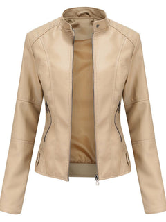 Annika | Damen Taillierte Kunstleder Biker Jacke Reißverschluss in Beige