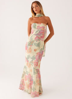 Damen trägerloses Maxikleid mit Halstuch und großflächigem Blumenmuster in Beige mit Blumenmuster