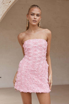 Damen Trägerloses Minikleid mit Rosettenapplikationen am gesamten Kleid in Rosa