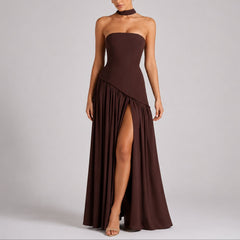 Charlotte | Damen Trägerloses Maxi-Kleid mit Schal Hochzeitskleid Gast Abendkleid in Braun