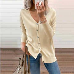 Amelie | Damen V-Ausschnitt Strickjacke Langarm Cardigan mit Knöpfen in Beige