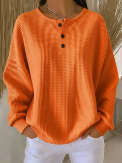 Elisabeth | Damen Waffelstrick Henley Knit Sweater Langarm Oversize Pullover in Orange