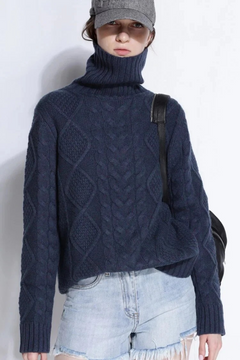 Damen warmer und dicker Pullover | Rollkragen in Marineblau