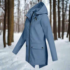 Emilia | Damen Wasserdichte Kapuzen-Regenjacke mit Reißverschluss Taschen in Blau