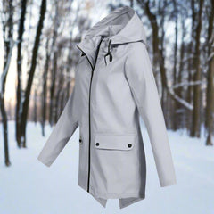 Emilia | Damen Wasserdichte Kapuzen-Regenjacke mit Reißverschluss Taschen in Grau
