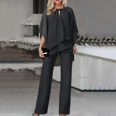 Mia | Damen Wide-Leg-Hose Zweiteiler Chiffon Lagenlook Hosenset in Schwarz