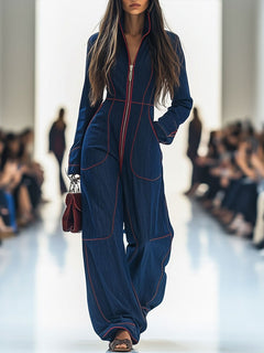 Amelie | Damen Wide-Leg Langarm-Jumpsuit mit Reißverschluss Kontrastnähten in Dunkelblau