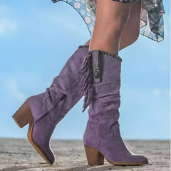 Frieda | Damen Wildleder Fransen Knee High Boots Western Cowboy Stiefel in Lila