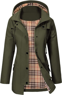 Elisabeth | Damen Women Coat Wasserdichter Kapuzen-Regenmantel Kariertes Fleecefutter in Grün