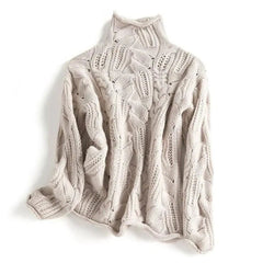 Marie | Damen Zopfmuster Knit Sweater Rollkragen Lockere Passform in Beige