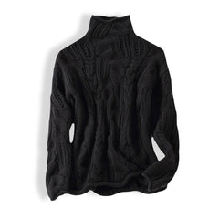 Marie | Damen Zopfmuster Knit Sweater Rollkragen Lockere Passform in Schwarz