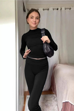 Damen Zweiteiliges Set mit Langarm-Crop-Top Rundhalsausschnitt und Schlaghose mit hohem Bund in Schwarz