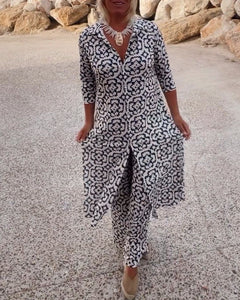 Damen Zweiteiliges Set mit Tunika V-förmigem Halsbereich Dreiviertelärmeln Knopfleiste und Langer Hose mit Geometrischem Muster in Weiß