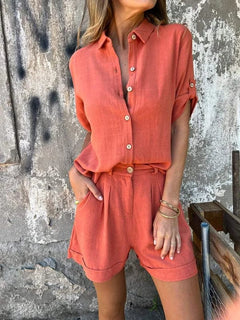 Damen Zweiteiliges Sommer Set mit Knopfleiste und Hemdkragen in Orange