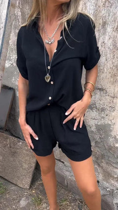 Damen Zweiteiliges Sommer Set mit Knopfleiste und Hemdkragen in Schwarz