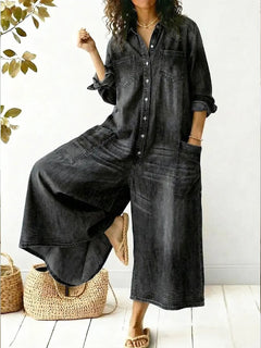 Denise | Langärmliger Denim Jumpsuit in Schwarz