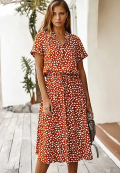 Kurzarm Print Midikleid mit Kordelzug für Damen in Orange rot