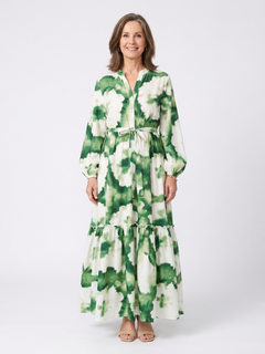 Sabine | Langärmliges Maxikleid mit Taillengürtel und Stufenrock in Floral