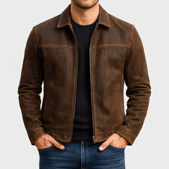 Dieter | Herren Klassische Reißverschluss Lederjacke in Braun
