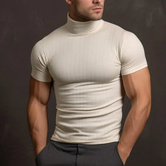 Aljur - Einfarbiges Herren‑T‑Shirt mit Rollkragen in Creme