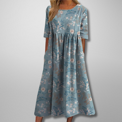 Dorothea | Midikleid mit Aquarell-Blumendruck in Hellblau