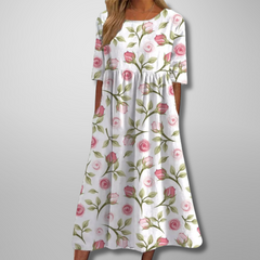 Dorothea | Midikleid mit Aquarell-Blumendruck in Weiß-Rosa