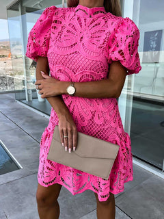 Spitzen Puffärmeln Minikleid für Damen in Rosa