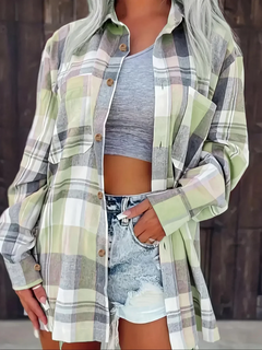 Kessia | Damen Flanellhemd Kariert Oversized Langarm Herbst in Grün
