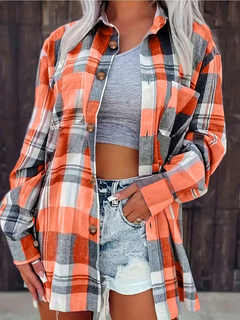 Kessia | Damen Flanellhemd Kariert Oversized Langarm Herbst in Orange