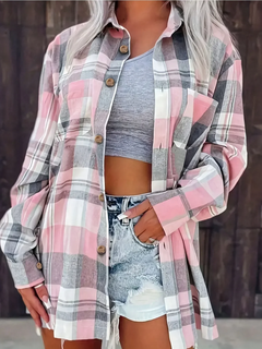 Kessia | Damen Flanellhemd Kariert Oversized Langarm Herbst in Rosa