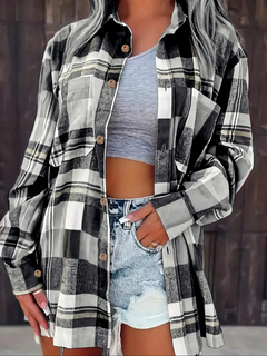 Kessia | Damen Flanellhemd Kariert Oversized Langarm Herbst in Schwarz