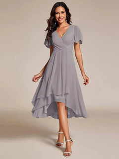 Damen Sommer Asymmetrisch Hochzeitsgast Midikleid in Grau