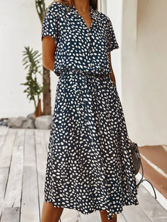Kurzarm Print Midikleid mit Kordelzug für Damen in Marineblau