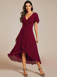 Damen Sommer Asymmetrisch Hochzeitsgast Midikleid in Burgund