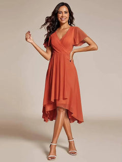 Damen Sommer Asymmetrisch Hochzeitsgast Midikleid in Orange