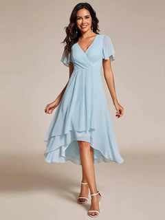 Damen Sommer Asymmetrisch Hochzeitsgast Midikleid in Hellblau