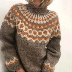 Norweger Grobstrickpullover Damen | Langarm Rollkragen in Braun