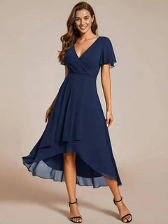 Damen Sommer Asymmetrisch Hochzeitsgast Midikleid in Dunkelblau