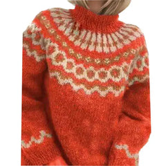 Norweger Grobstrickpullover Damen | Langarm Rollkragen in Rot