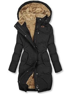 Winterjacke Damen Gefüttert Mit Kapuze | Lang Mit Reißverschluss und Knöpfen in Schwarz