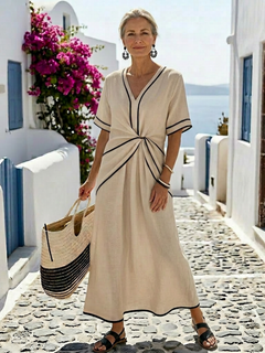 Linnea | Damen Midikleid Geraffter Taille V-Ausschnitt in Beige